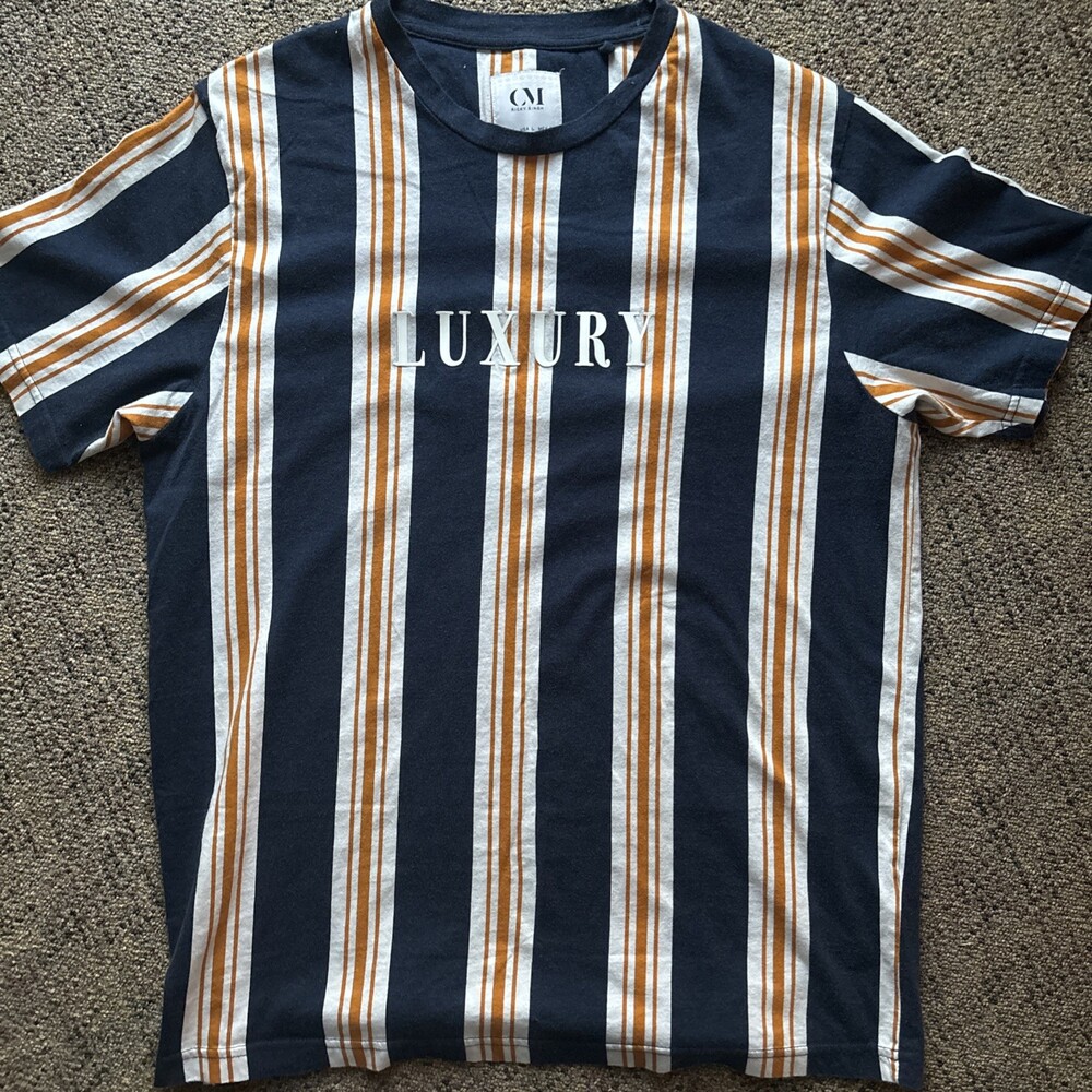 Ricky Singh "LUXURY" T Shirt Mens Striped Navy/Gold/Ivory Sz L